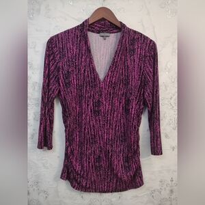 Vince Camuto Fuchsia Black Abstract Ruched Sides Stretch V-Neck 3/4 Sleeve Top